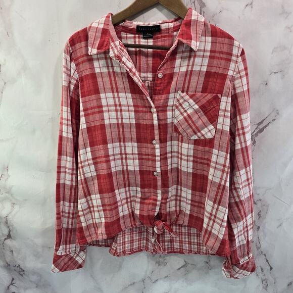Anthropologie Tops - Anthropologie Shirt Womens Small Red Button Up Plaid Hi Low Tie Knot Sanctuary